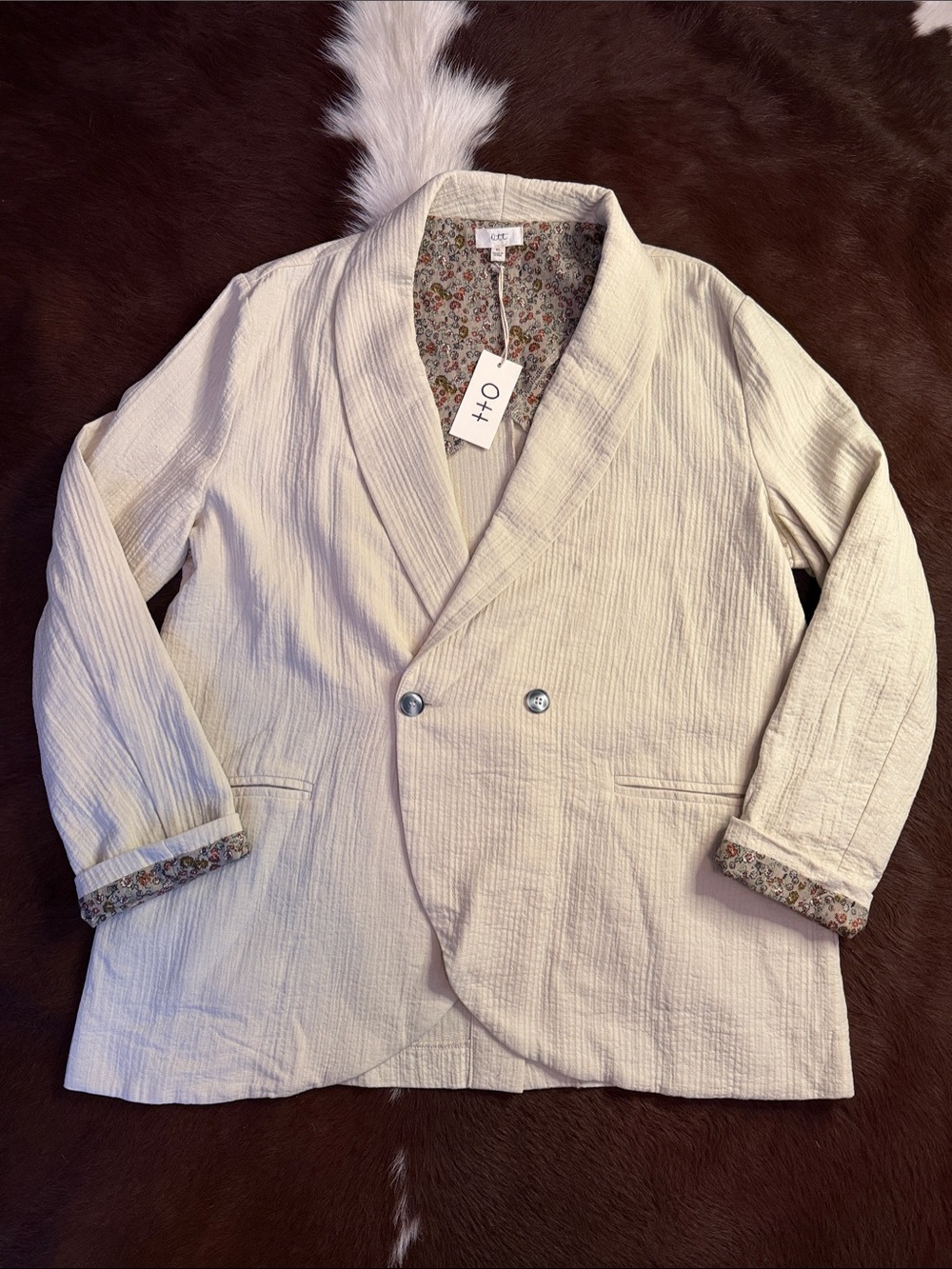 Ott Cream Crinkle Gauze Collared Blazer